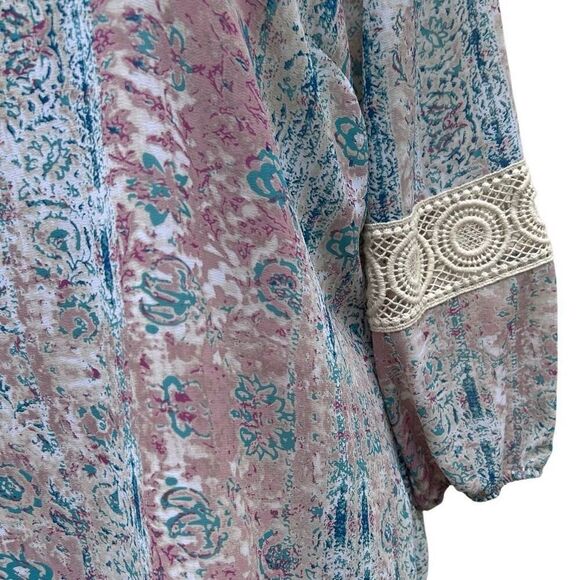 Krazy Kat Tunic Blouse Women's Large Pastel Floral Crochet Lace Trim 3/4 Sleeve - Picture 4 of 14